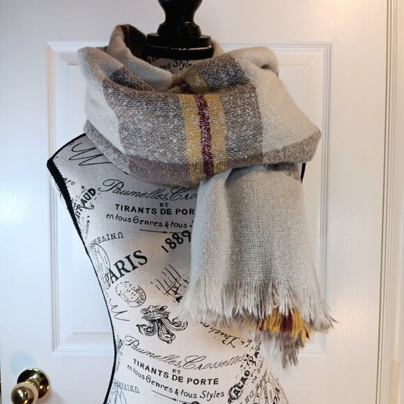 Wrap Shawl Scarf Knit Cozy Cream Tan Yellow Wine Plaid Women's OS NWOT - Picture 12 of 12